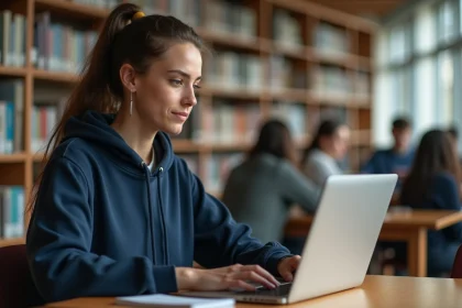 Étudiante connectée à son espace numérique mycampus Eduservices sur un ordinateur portable dans une bibliothèque universitaire