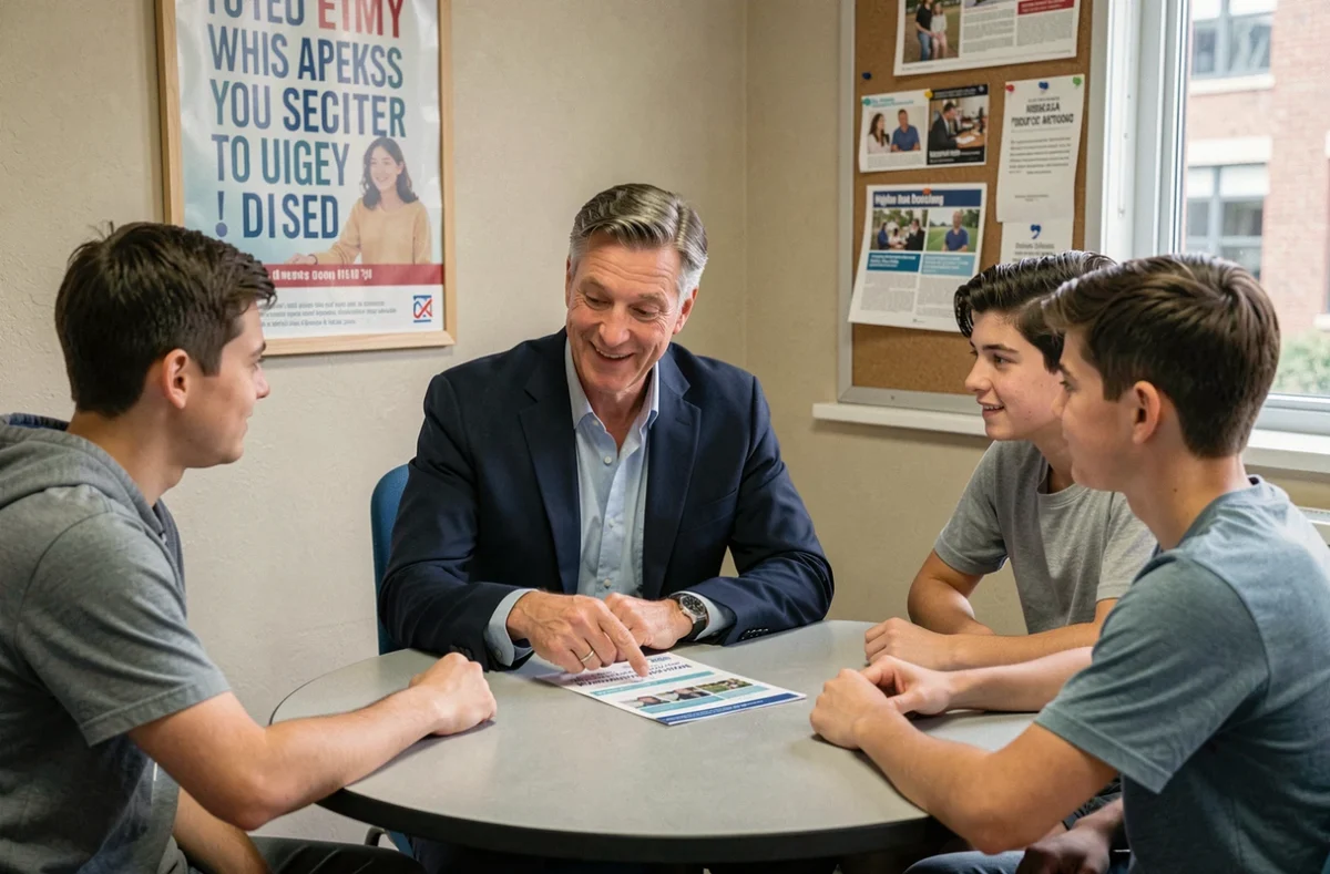 Conseiller d'orientation discutant des filières d'études avec des lycéens autour d'une table dans un bureau scolaire