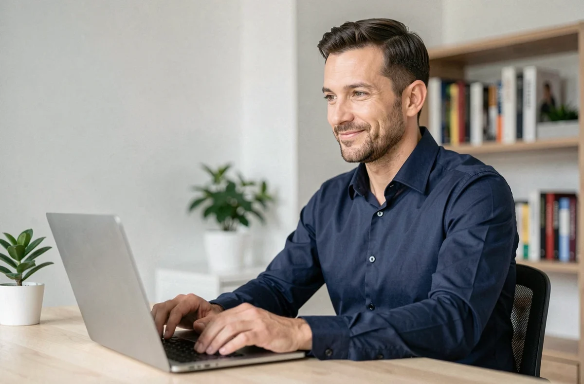 Consultant SEO et IA assis à son bureau moderne, tapant un message professionnel sur son ordinateur portable pour répondre à des demandes de projet