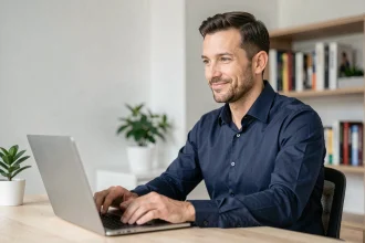 Consultant SEO et IA assis à son bureau moderne, tapant un message professionnel sur son ordinateur portable pour répondre à des demandes de projet
