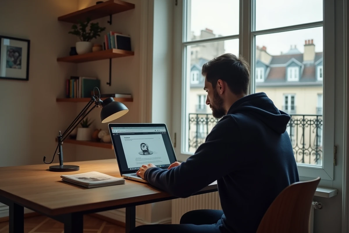 Jeune homme suivant un cours digital intensif en ligne depuis son appartement parisien avec un ordinateur portable