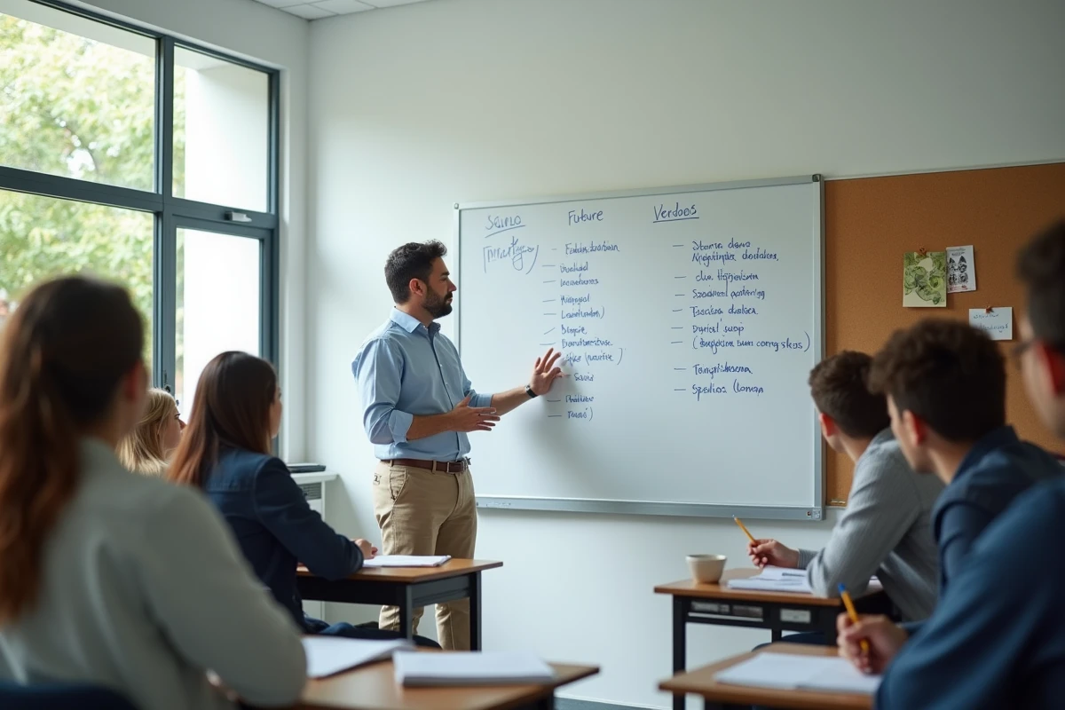 Professeur d'espagnol enseignant le futur simple à des adultes dans une salle de classe moderne