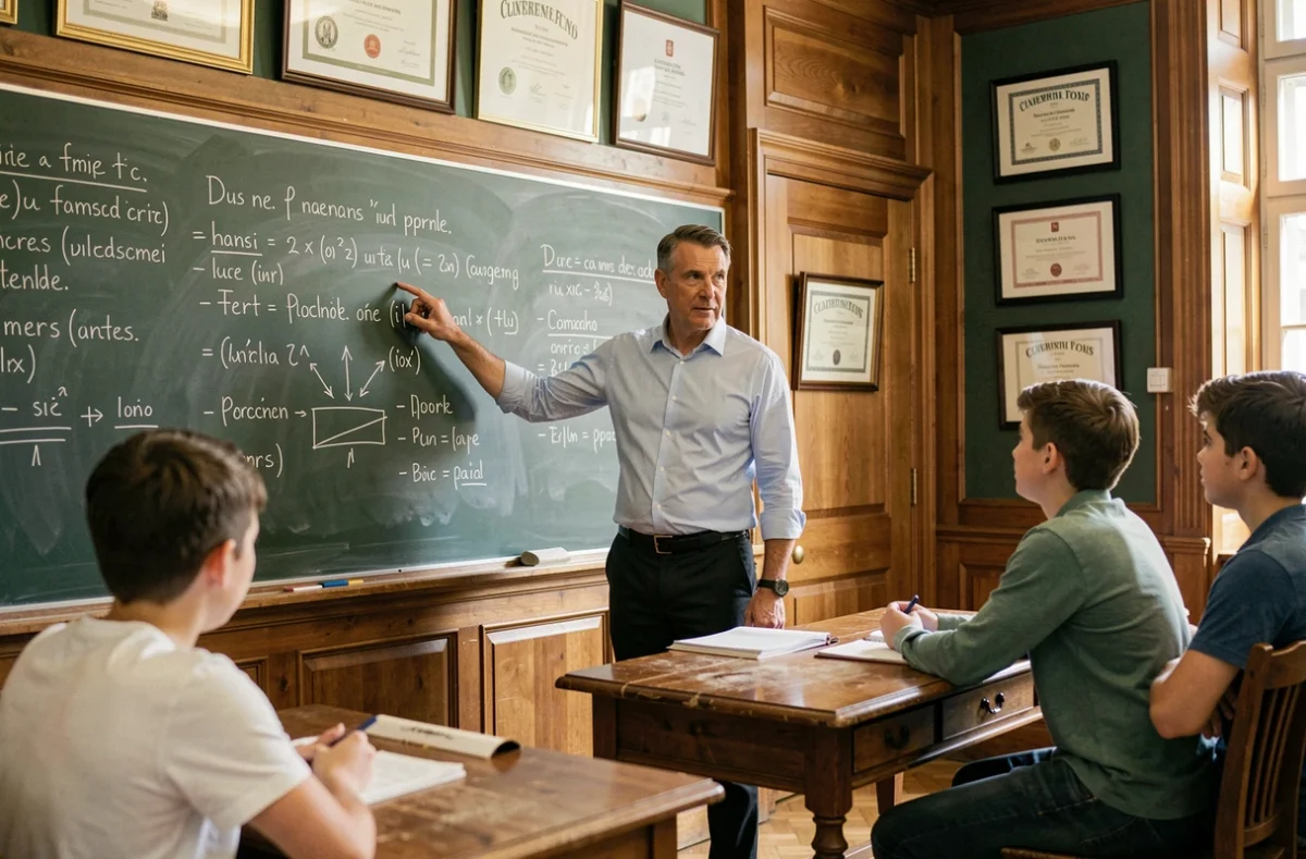 Enseignant du Cours Legendre devant un tableau de grammaire française dans une salle de classe élégante