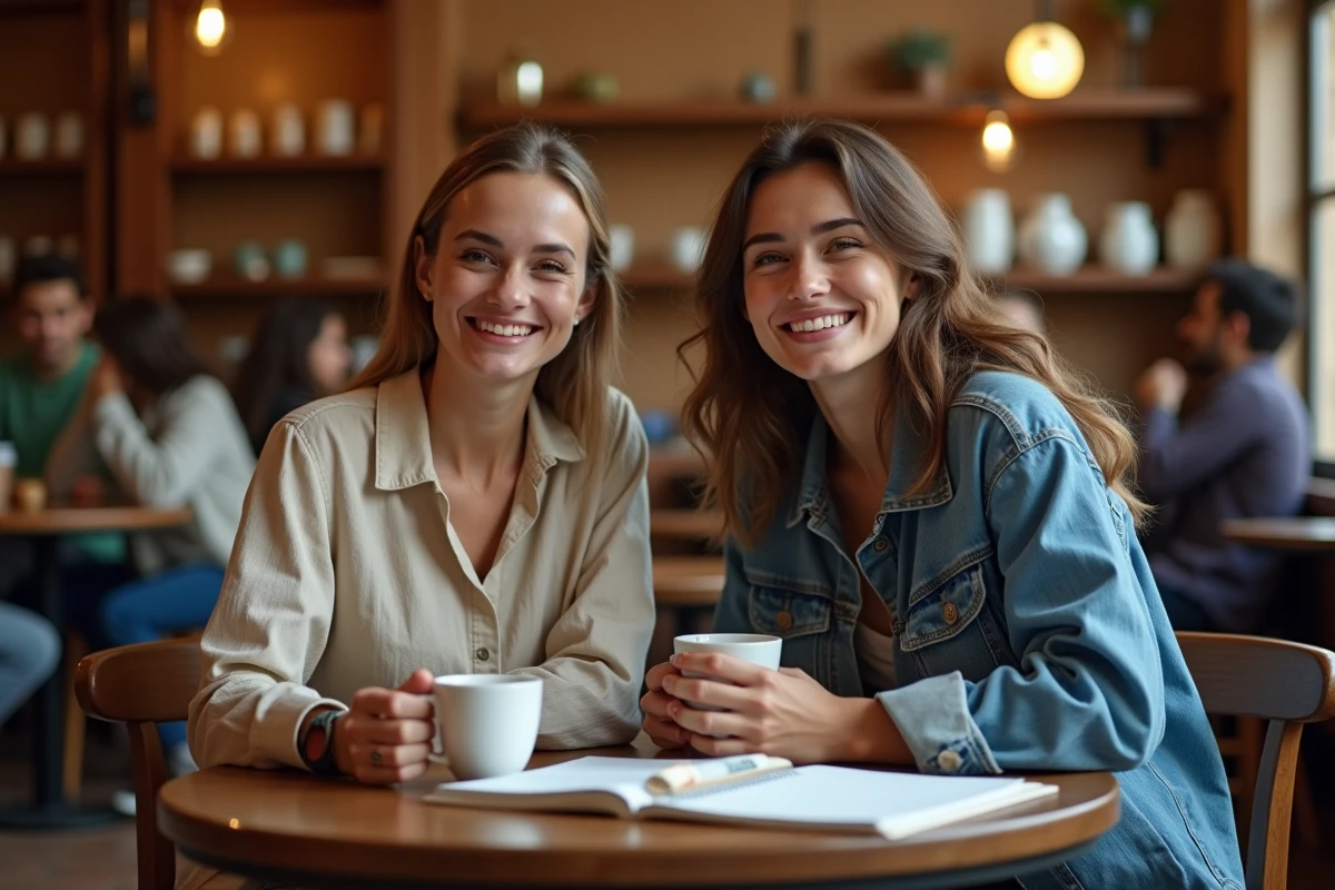 Deux étudiants pratiquant un dialogue en espagnol autour d'un café dans un bistrot de style barcelonais