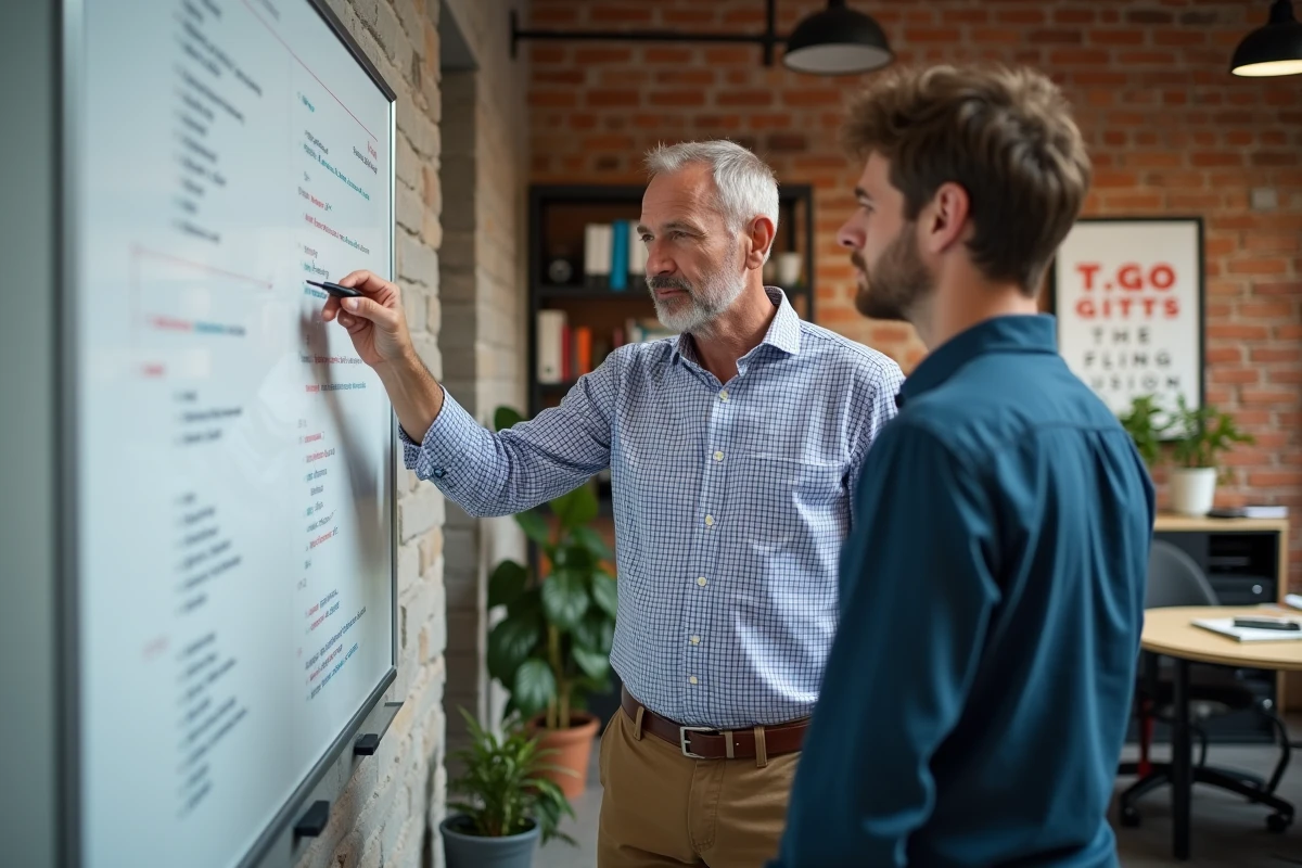 Homme discutant de code avec un collègue dans un espace de travail