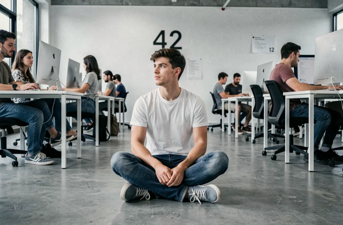 Étudiant apprenant de façon autonome dans l'espace de travail collaboratif de l'École 42 Nice
