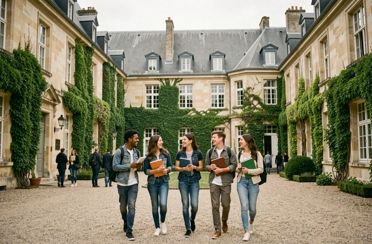Groupe d'étudiants traversant une cour d'une école de commerce normande, illustrant le classement des meilleures écoles de commerce en Normandie