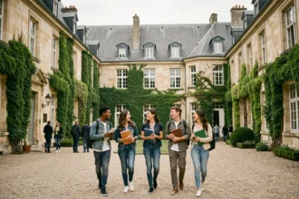 Groupe d'étudiants traversant une cour d'une école de commerce normande, illustrant le classement des meilleures écoles de commerce en Normandie