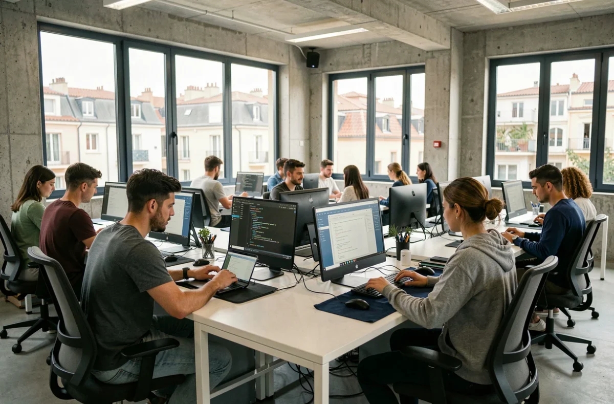 Étudiants en informatique travaillant ensemble dans une école numérique des Bouches-du-Rhône