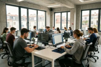 Étudiants en informatique travaillant ensemble dans une école numérique des Bouches-du-Rhône