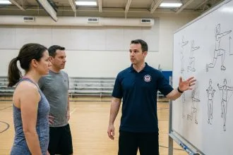 Éducateur sportif encadrant un groupe d'adultes dans un gymnase municipal lors d'une séance collective structurée