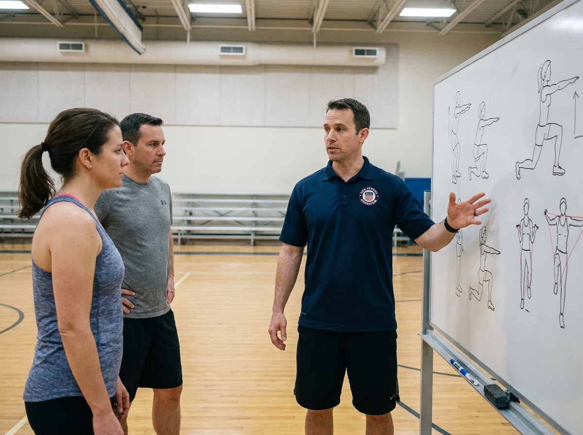 Éducateur sportif encadrant un groupe d'adultes dans un gymnase municipal lors d'une séance collective structurée
