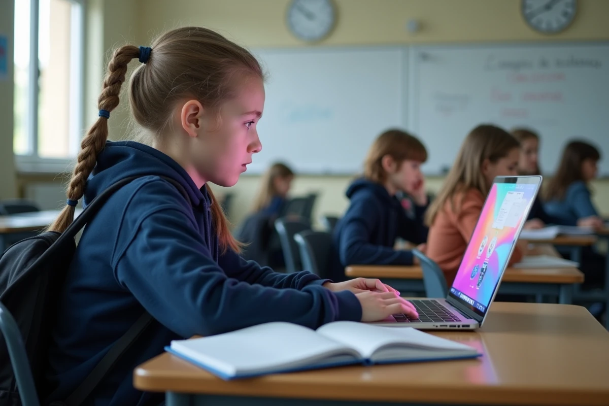 Élève de collège concentrée sur une plateforme numérique éducative Ent45 dans une salle de classe moderne en 2026