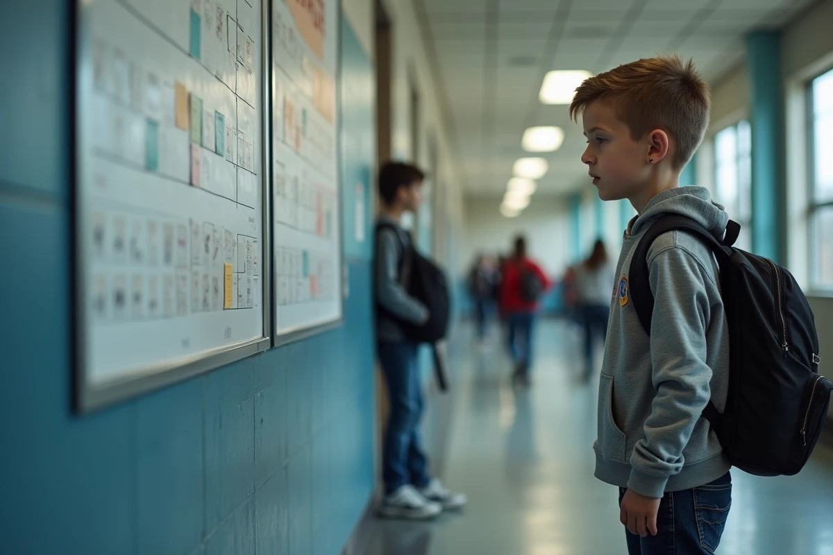 Adolescent devant un panneau d'affichage scolaire dans un couloir de collège, illustrant le choix d'un parcours adapté