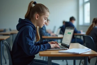 Collégienne utilisant un ENT académique sur ordinateur portable en classe