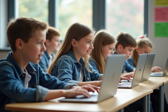 Groupe d'élèves de collège travaillant sur un projet avec des ordinateurs portables