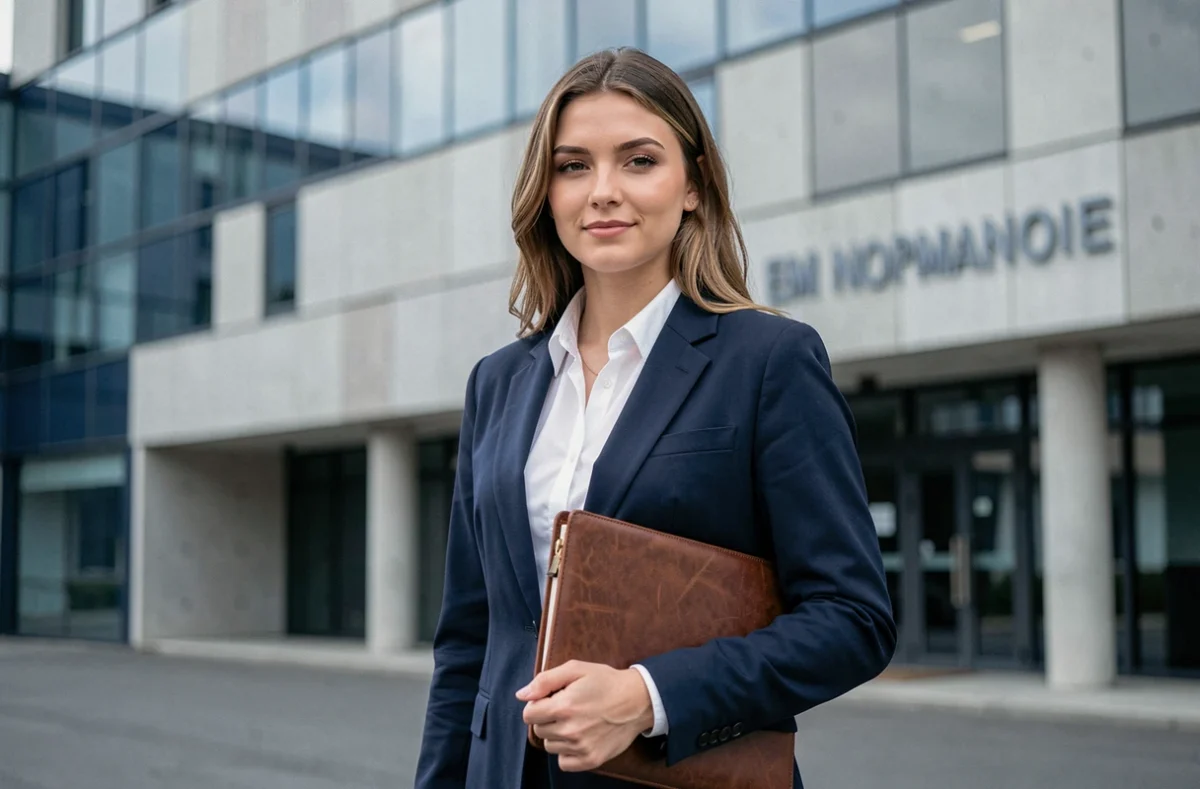 Étudiante devant le campus de l'EM Normandie, école de commerce internationale basée au Havre et à Paris