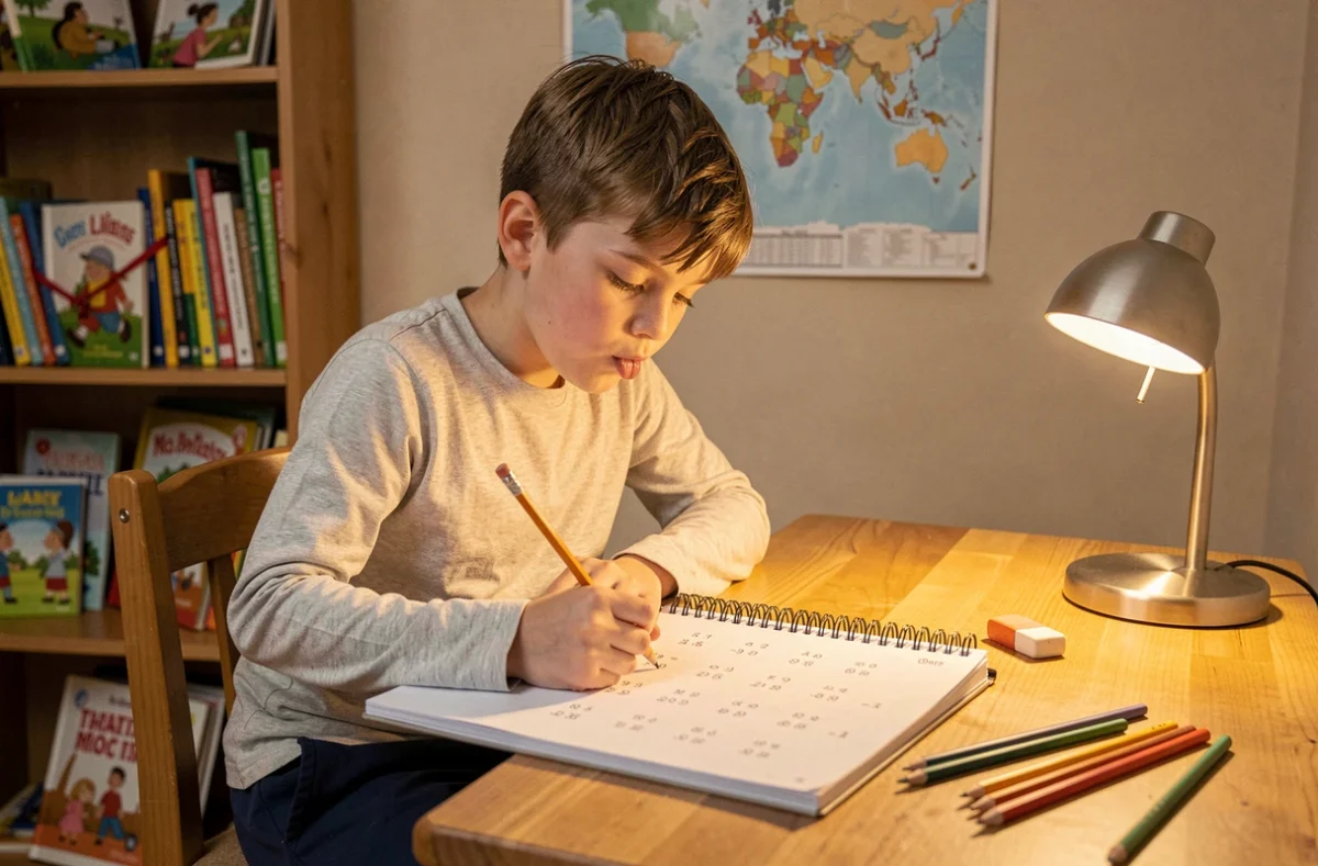 Enfant de 8 ans révisant sa table de multiplication le soir à son bureau en bois dans sa chambre