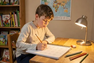 Enfant de 8 ans révisant sa table de multiplication le soir à son bureau en bois dans sa chambre