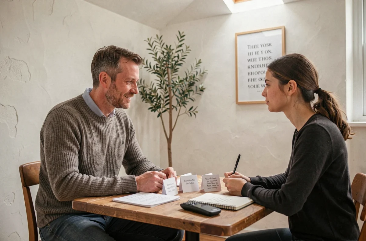 Séance de coaching en anglais personnalisé entre un coach et un étudiant adulte dans un studio minimaliste, English Coach Sarl