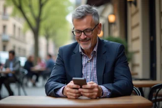 Professeur homme en blazer bleu utilisant son smartphone en extérieur