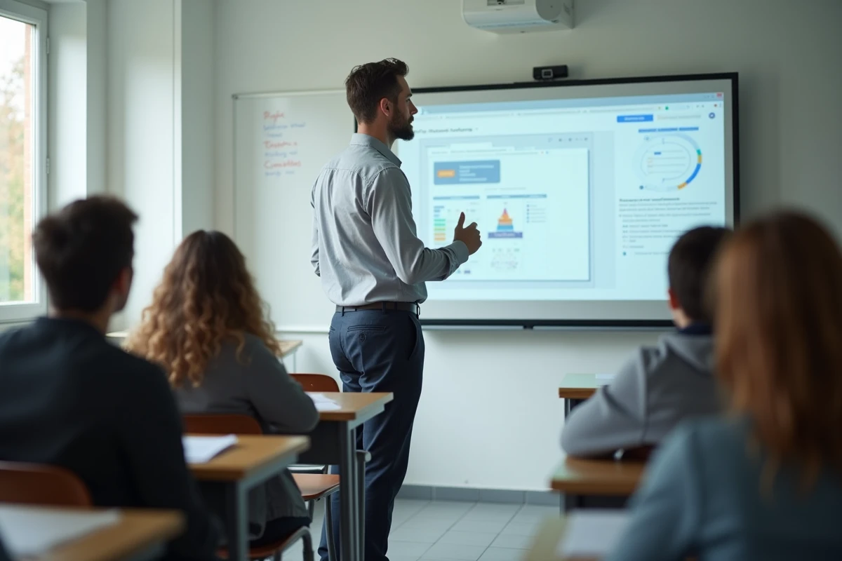 Enseignant présentant un espace numérique de travail sur tableau blanc interactif en classe