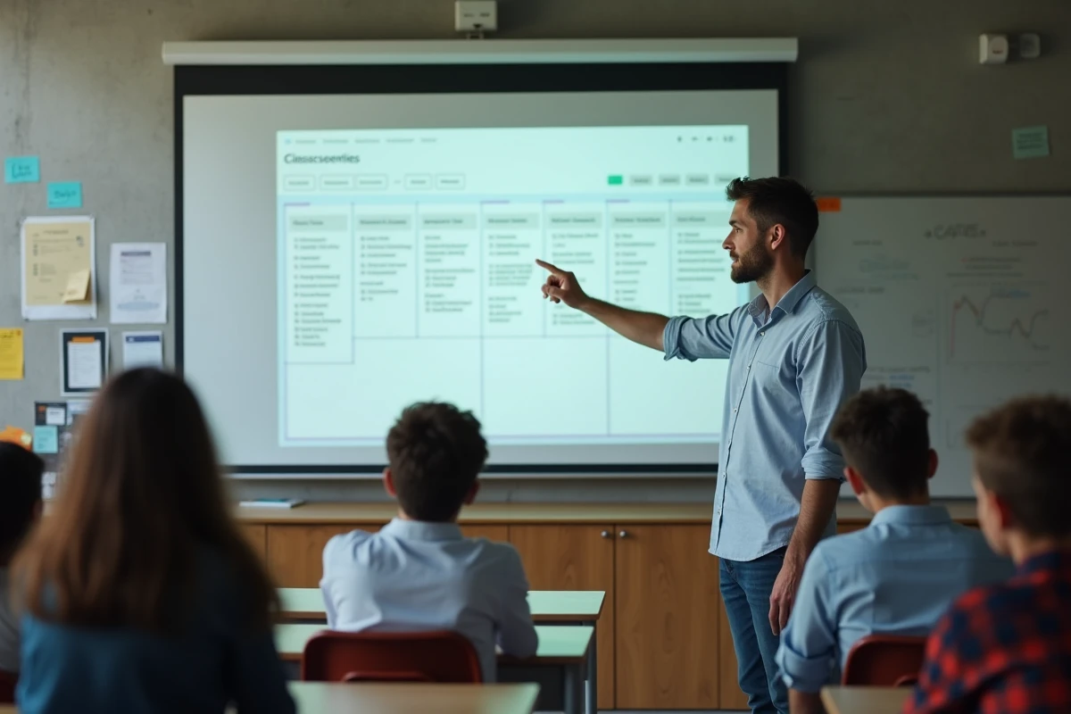 Enseignant de lycée présentant l'interface ENT45 mise à jour sur tableau numérique interactif devant ses élèves