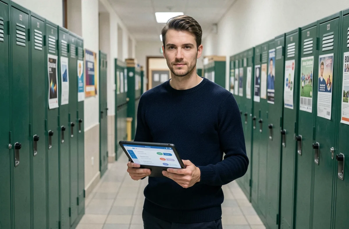 Enseignant consultant une plateforme pédagogique numérique dans un couloir de lycée de l'académie de Grenoble