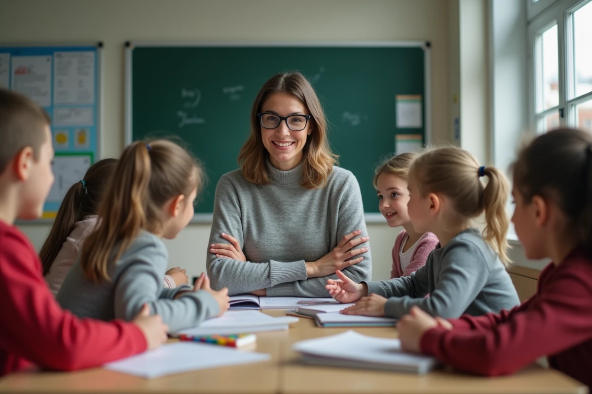 Enseignante accueillant des enfants dans une classe chaleureuse