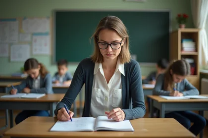 Professeure dans une classe avec carnet de liaison