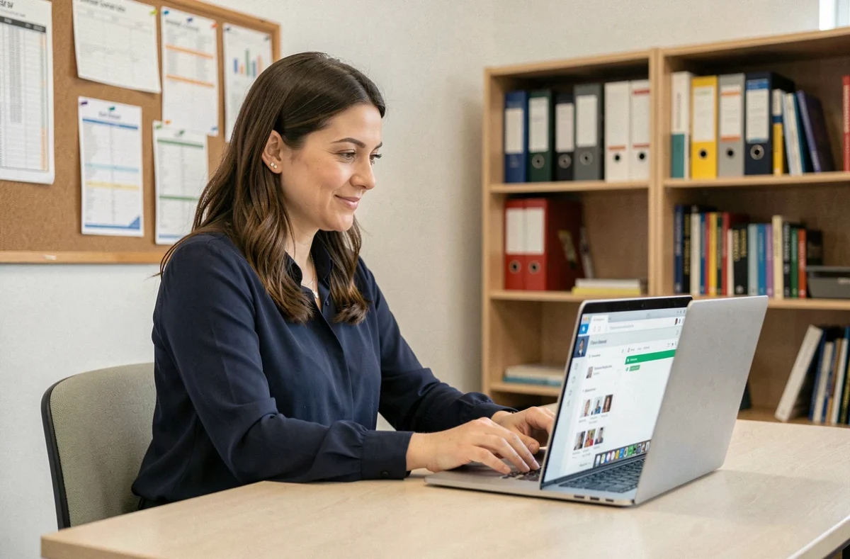 Enseignante utilisant un ENT numérique sur son ordinateur portable dans la salle des professeurs