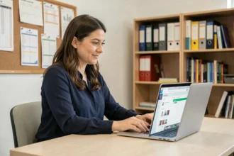 Enseignante utilisant un ENT numérique sur son ordinateur portable dans la salle des professeurs