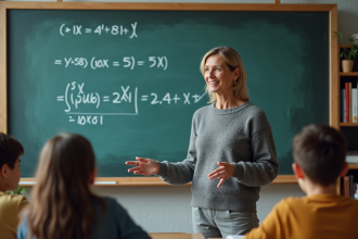 Professeure interactive en classe moderne avec tableau numérique