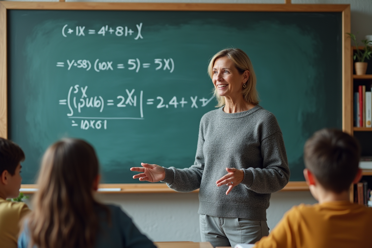 Professeure interactive en classe moderne avec tableau numérique