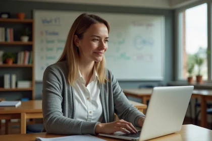 Enseignante femme au bureau dans une classe moderne