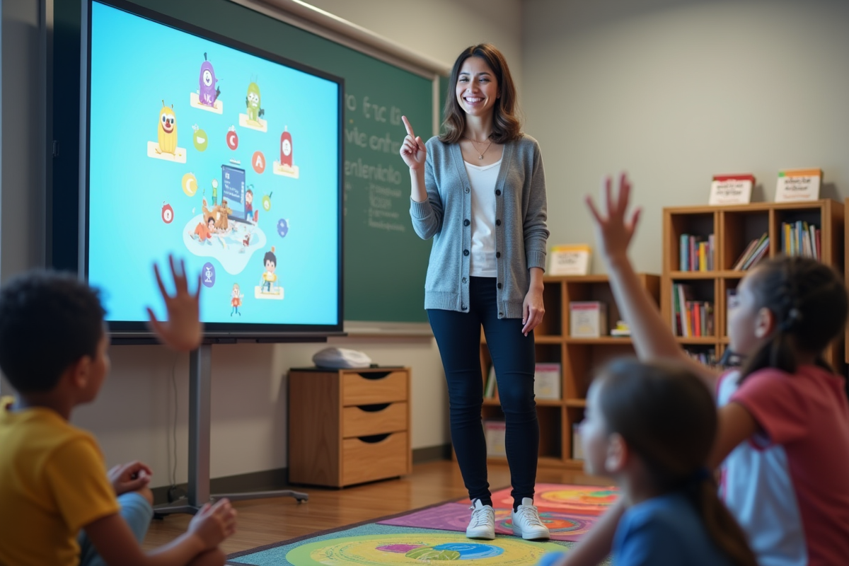 Enseignante souriante avec tableau interactif et élèves attentifs en classe