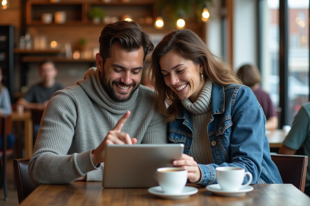 Deux jeunes adultes qui s'entraînent ensemble au code de la route moto sur une tablette dans un café