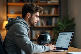 Jeune homme qui s'entraîne au code de la route moto sur un ordinateur portable à son bureau à domicile