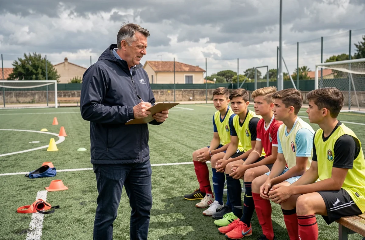 Entraîneur du centre de formation de l'OM donnant des instructions tactiques à de jeunes footballeurs lors d'une séance d'entraînement