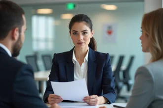 Femme en suivi intensif Pôle emploi lors d'un entretien avec un conseiller Solerys dans une agence moderne