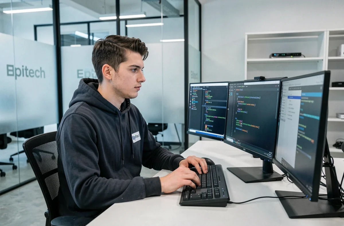 Étudiant travaillant sur du code dans les locaux d'Epitech Marseille
