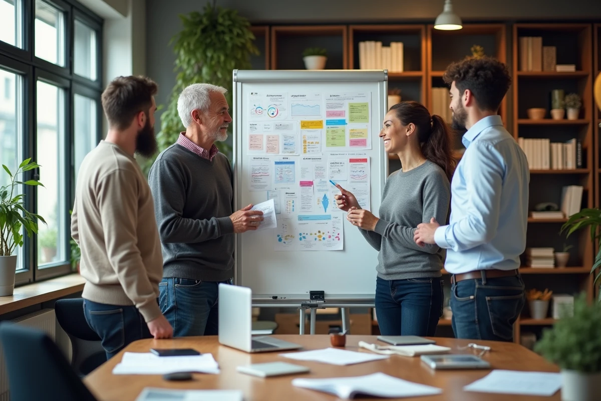 Groupe de trois personnes discutant autour d un whiteboard