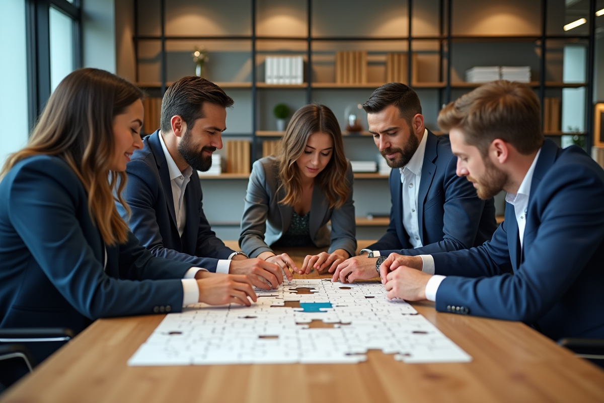 Groupe de professionnels assemblant des pièces de puzzle marketing