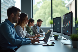 Groupe de professionnels en réunion dans un bureau moderne lumineux