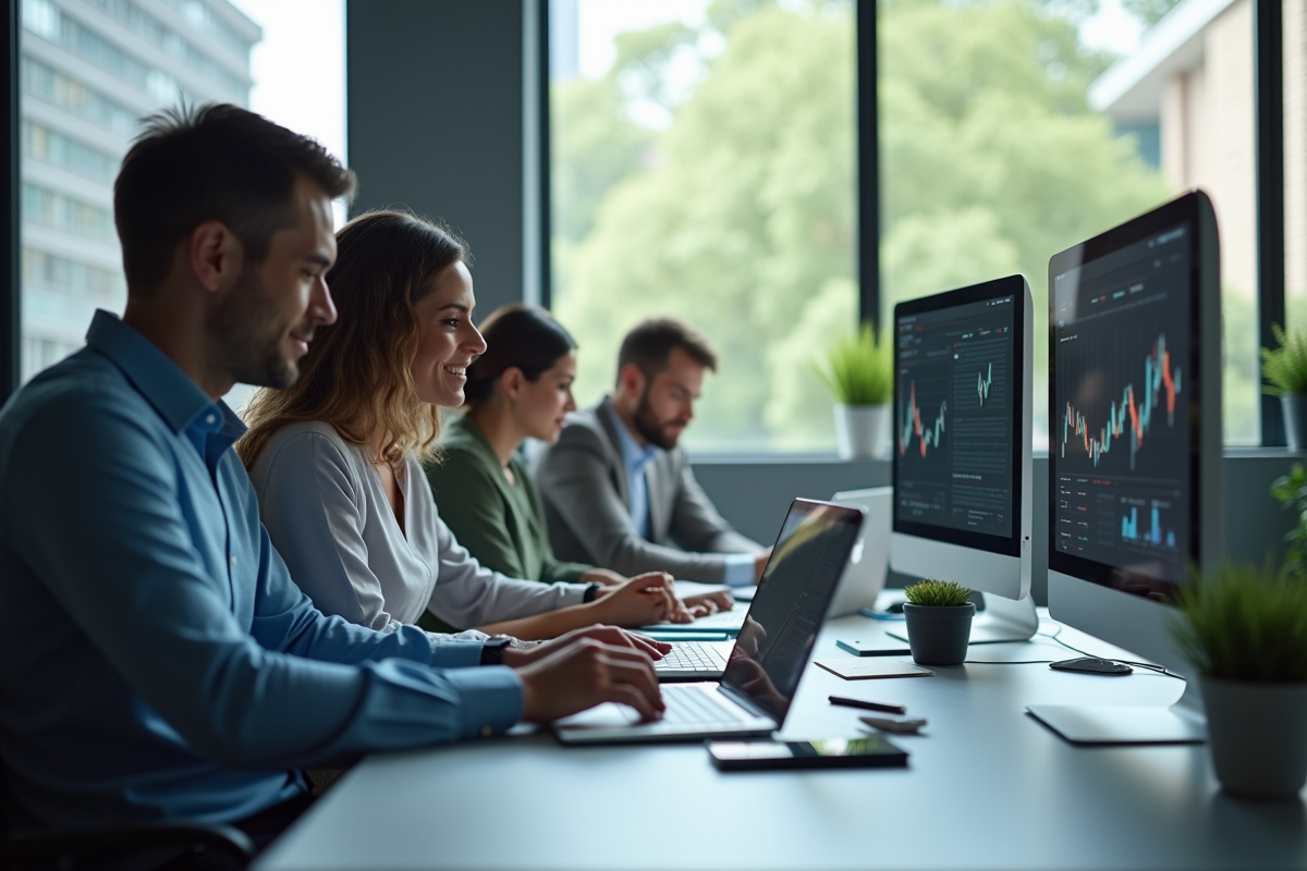 Groupe de professionnels en réunion dans un bureau moderne lumineux