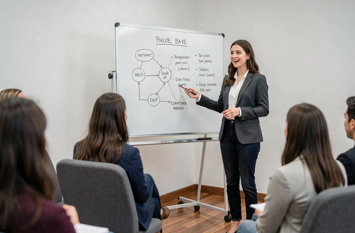 Étudiante présentant un projet entrepreneurial dans une salle de cours de l'ESC Normandie, bachelor professionnalisant en commerce