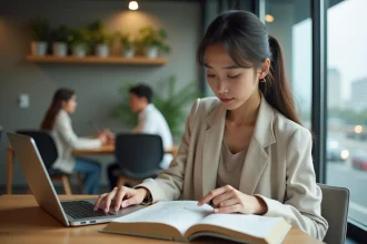 Jeune femme étudiant le japonais dans un espace de coworking avec des kanji ouverts sur un bureau en bois, idéal pour un PVT au Japon