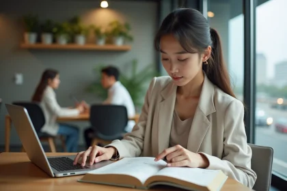 Jeune femme étudiant le japonais dans un espace de coworking avec des kanji ouverts sur un bureau en bois, idéal pour un PVT au Japon