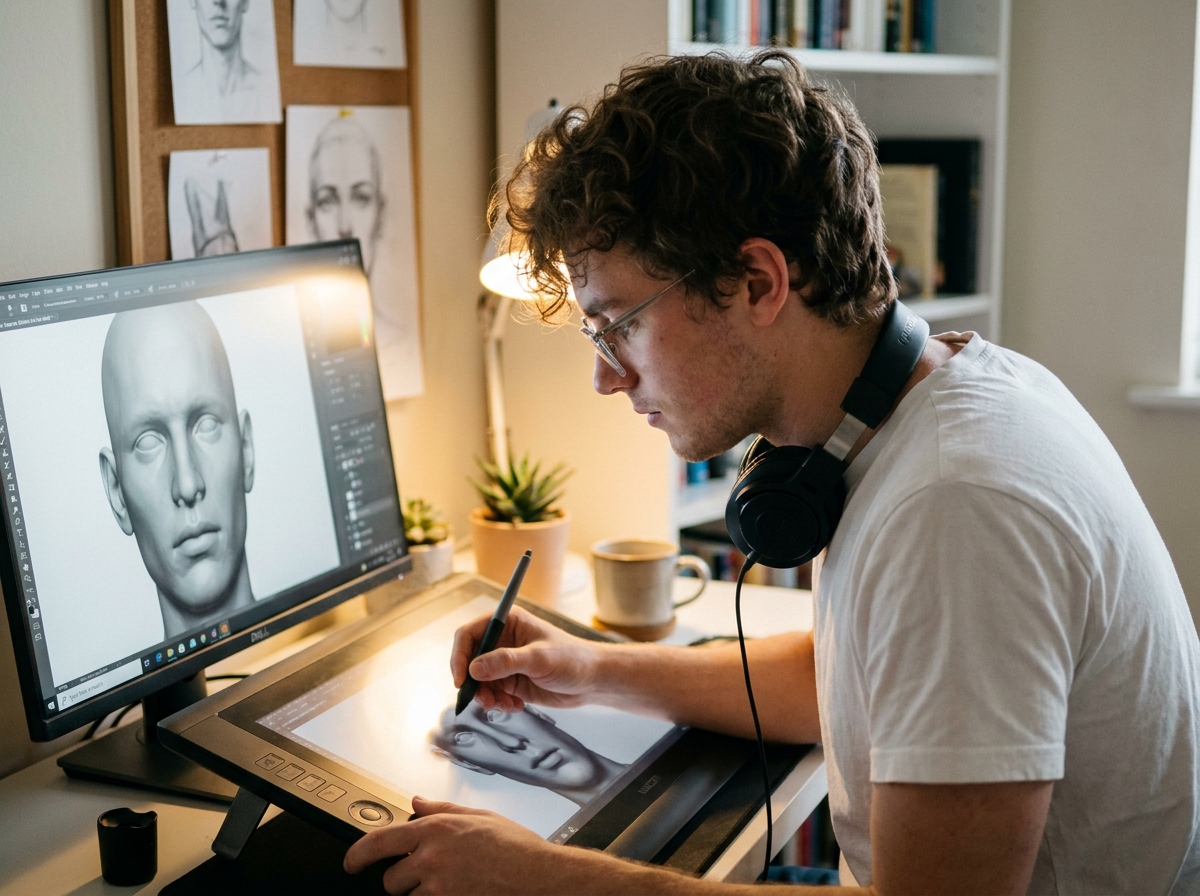 Jeune étudiant en animation 3D sculpting un personnage sur tablette graphique dans un espace de travail personnel