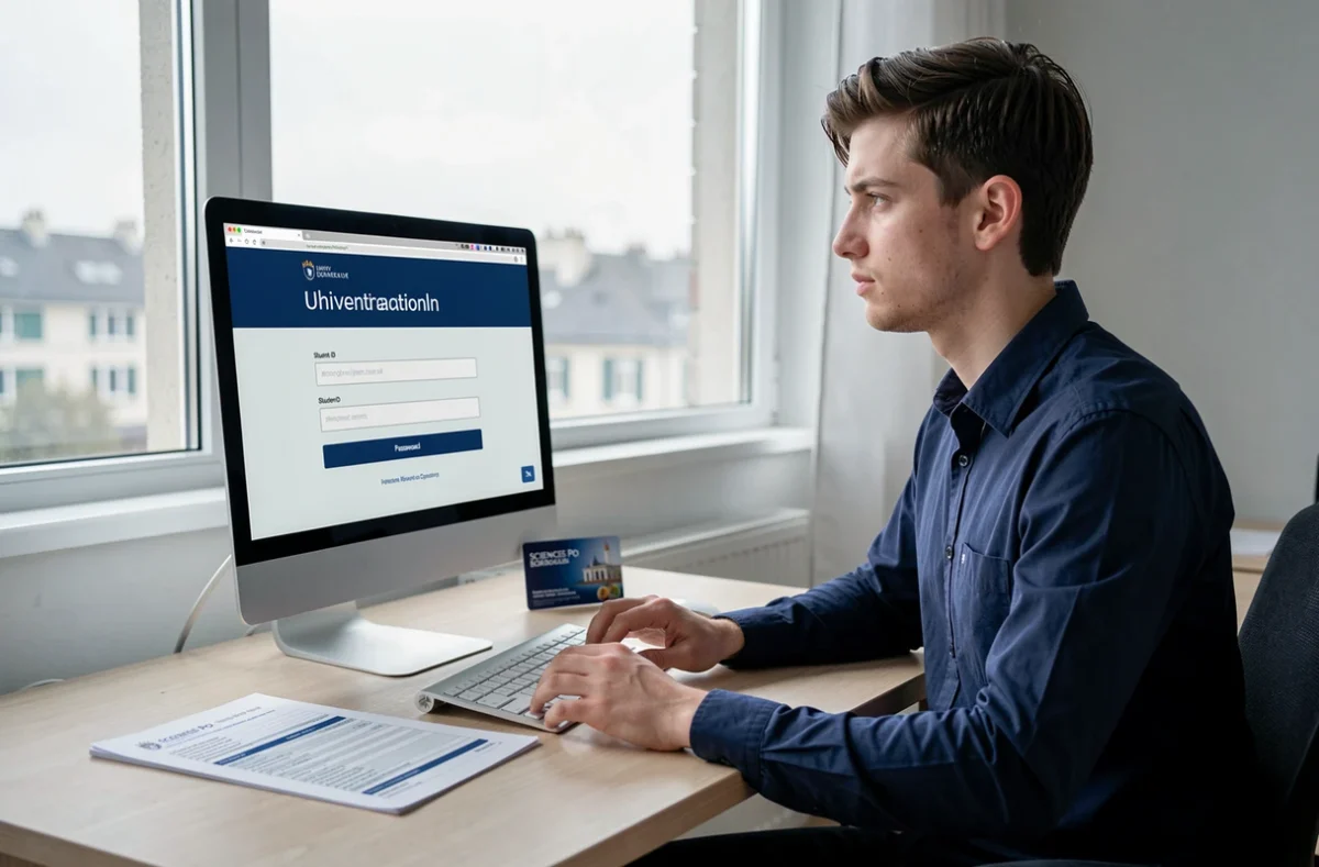 Étudiant se connectant pour la première fois à l'ENT Sciences Po Bordeaux depuis son appartement avec une carte étudiante posée sur le bureau